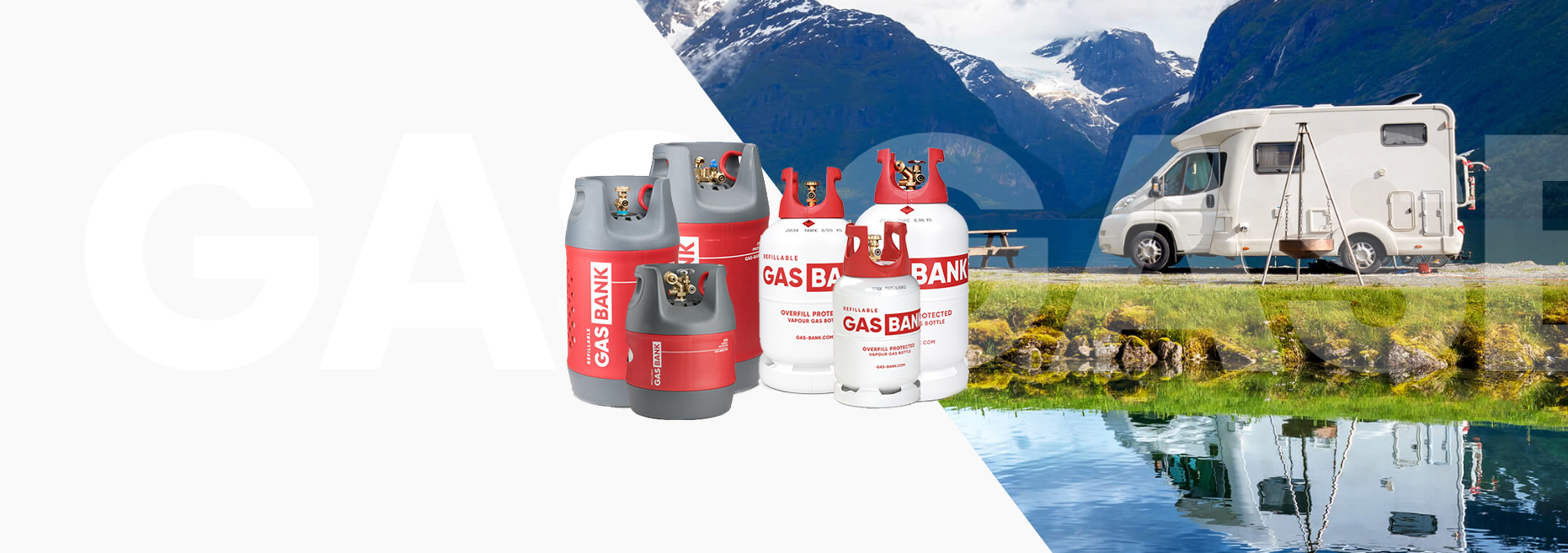 GasBank composite and light steel refillable LPG cylinders beside a motorhome